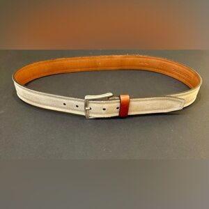 🌟HP🌟Johnston & Murphy Ivory Suede & Tan Leather Belt Satin Silver Tone Buckle 38